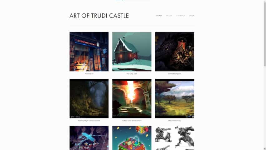 Trudi Castle's Art Portfolio website screenshot, clean and easy to navigate
