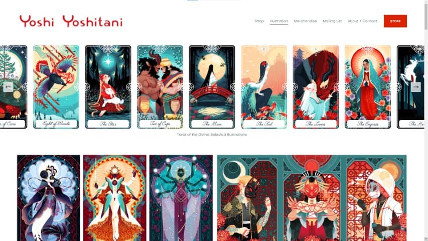 Yoshi Yoshitani's art portfolio website example, a very colorful portfolio