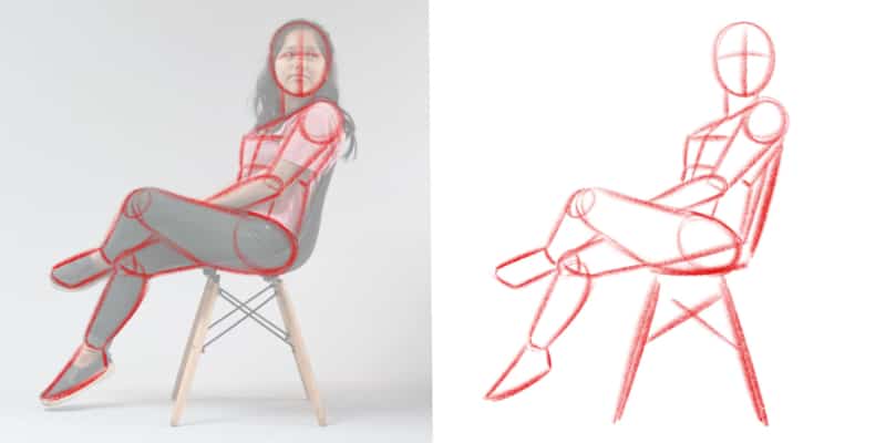 Find Basic Shapes, rough sketch of the basic shapes of a sitting pose