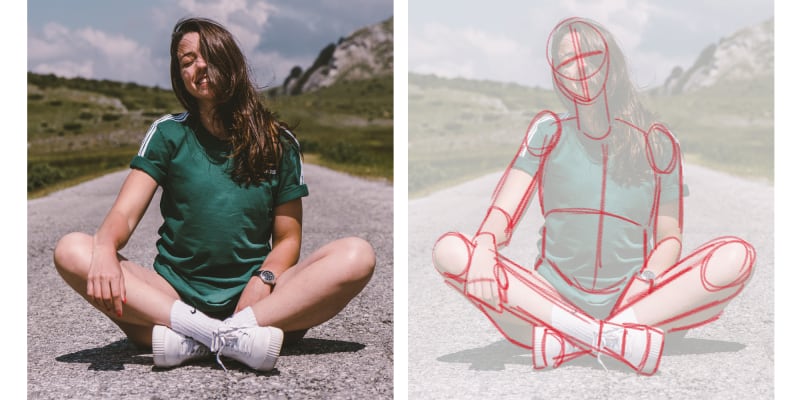 photo of woman sitting, with a version of the photo drawn on top on the right with basic shapes