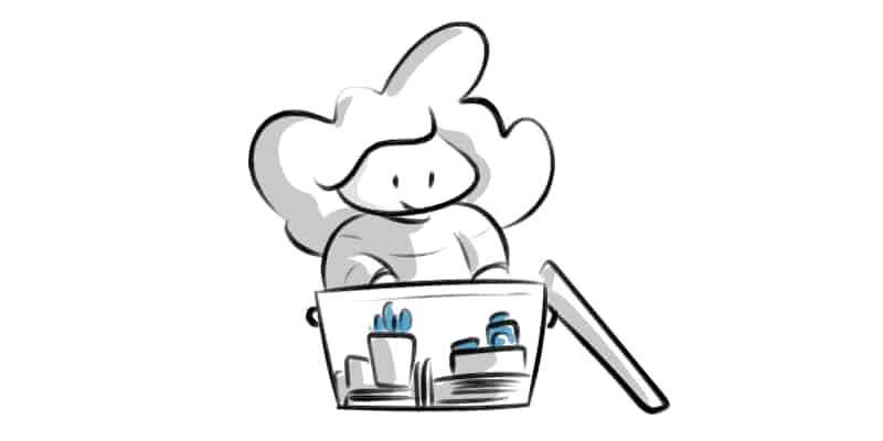 drawing of a character with a box full of supplies