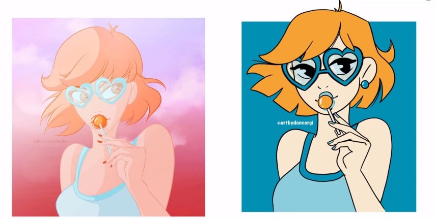 comparison of two digital drawings with two different styles, done by patricia caldeira, doncorgi