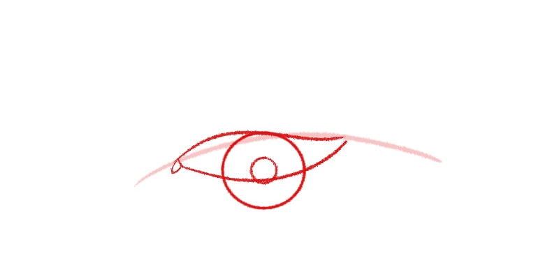 drawing of an eye looking down with a wavy line for the upper eyelid