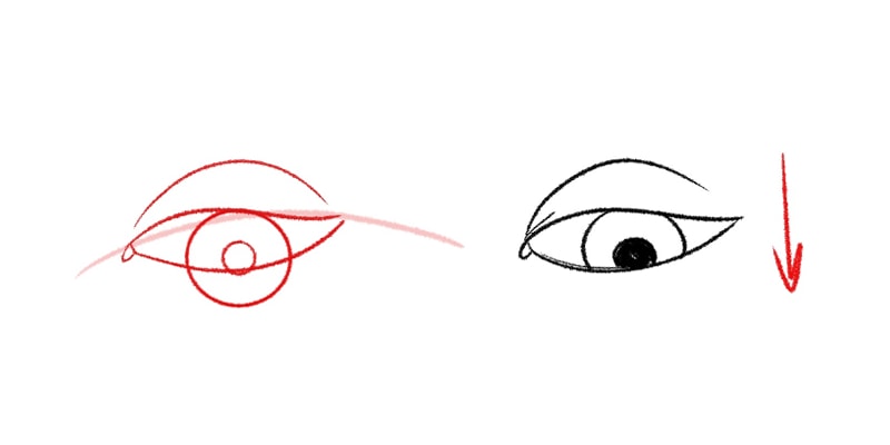 a sketch version of an eye looking down, next to a finished clean drawing of the same eye looking downwards