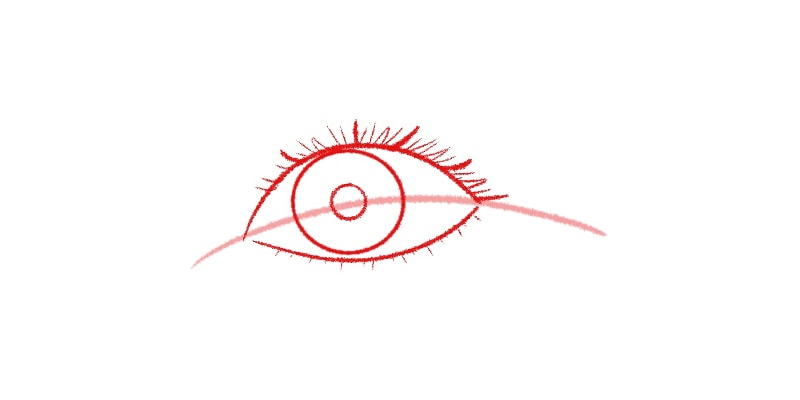 drawing of an eye with top and bottom eyelashes