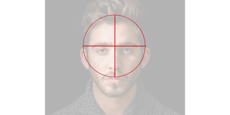 Image showing a circle drawn on top of a head photo reference, to position the nose