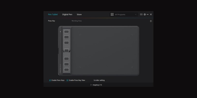 screenshot of the huion Inspiroy 2 customizable software drivers