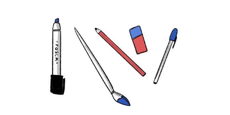 drawings of different drawing materials and tools