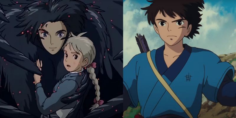 studio ghibli art style, with princess mononoke on the left and howl's moving castle on the right