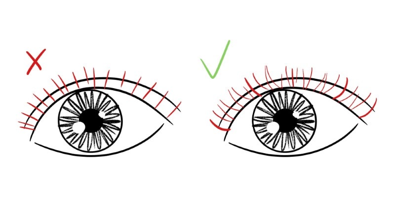 image showing how to draw eyelashes, and how not to draw them