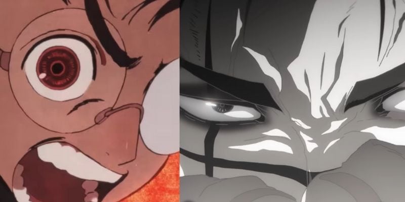 Sketchy and chaotic anime art style examples from Dandadan and Jujutsu Kaisen showing rough line weight and distorted perspective trends.