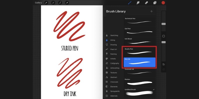 choose a Studio Pen or Dry Ink for hard shadows on Procreate