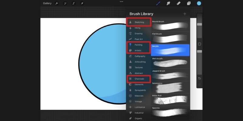 different categories of brushes on procreate