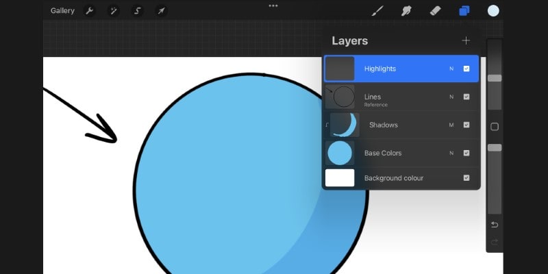 create a new layer on top of everything, to add highlights to your drawing in procreate