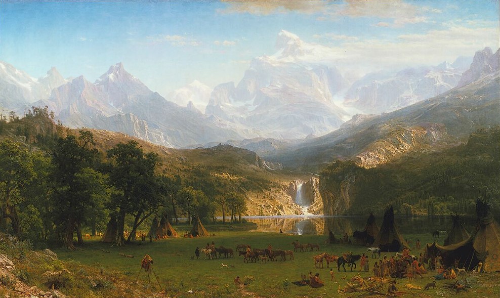 The Rocky Mountains, Lander's Peak by Albert Bierstadt, with overlapping forests showcasing a path
