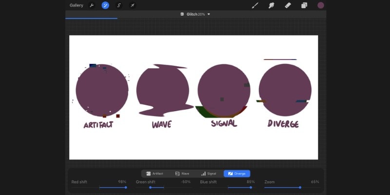 glitch effect in procreate, examples of artifact, wave, signal and diverge effects