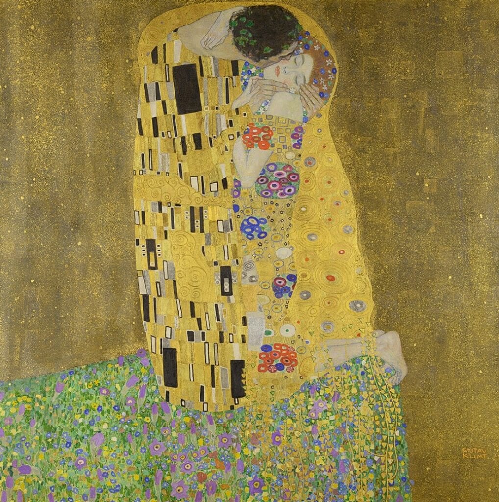 The Kiss by Gustav Klimt, example of Painting, a type of art