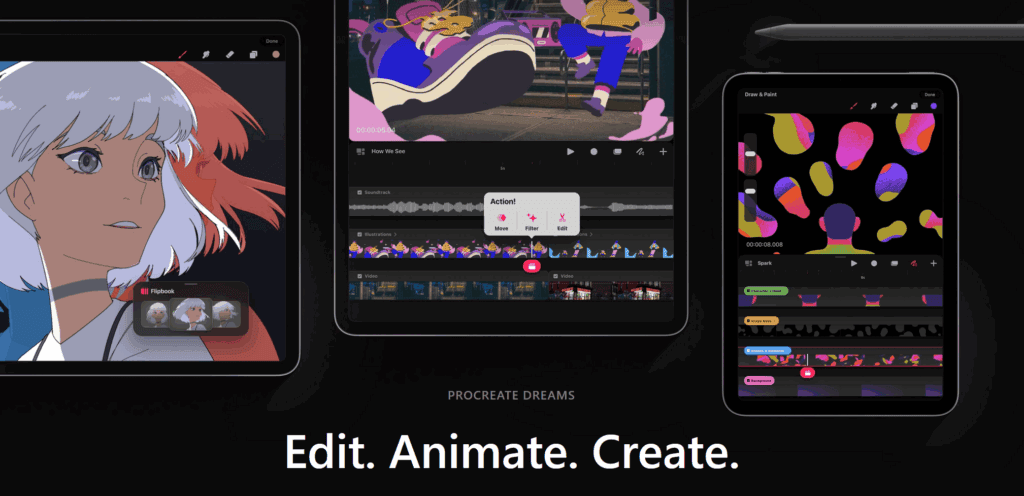 Procreate Dreams interface on iPad showing the multi-track timeline, flipbook tool for frame-by-frame animation, and keyframe editing features