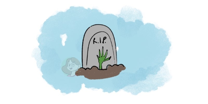 drawing of a tombstone with a zombie hand reaching out