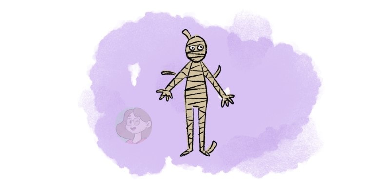 cartoon drawing of a mummy being wrapped around in bandages
