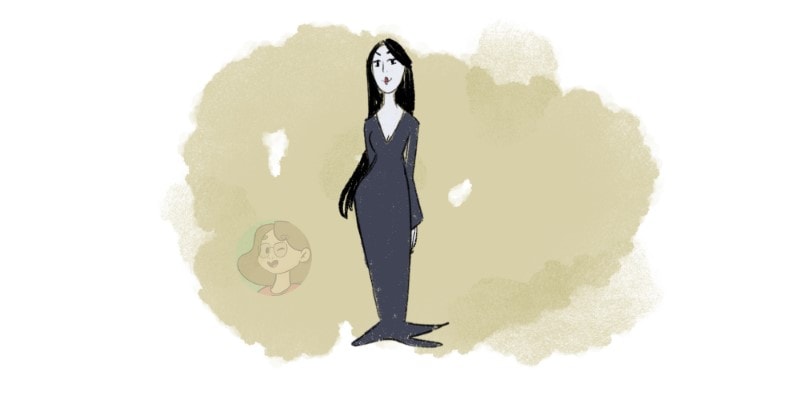 cartoon drawing of morticia addams from the addams family