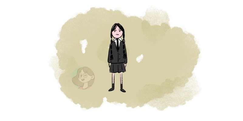 drawing of a bored wednesday addams