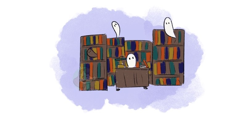 haunted library drawing, with floating ghosts in the bookshelves