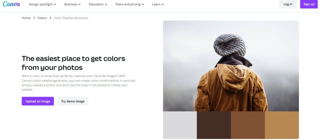 Canva color palette generator tool, screenshot from landing page