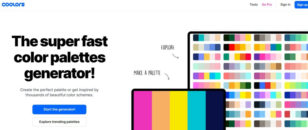 Coolors color palette generator landing page screenshot