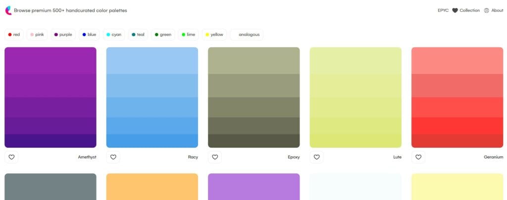 Culrs landing page screenshot, a website filled with color schemes and palettes