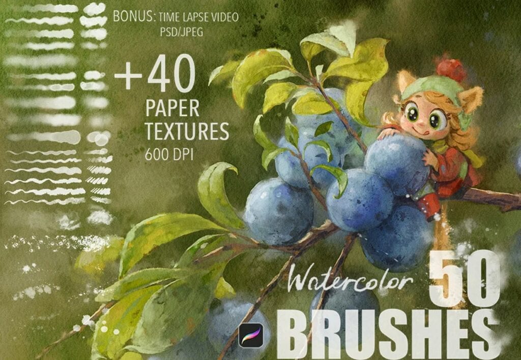 Procreate Watercolor Brushes + Paper Textures by Tsvetka