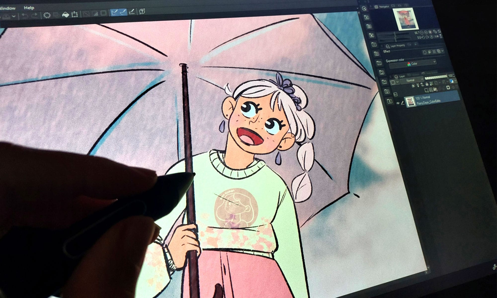 Kamvas 13 Display Tablet being used by Patricia Caldeira, showing a digital painting done in Clip Studio Paint.