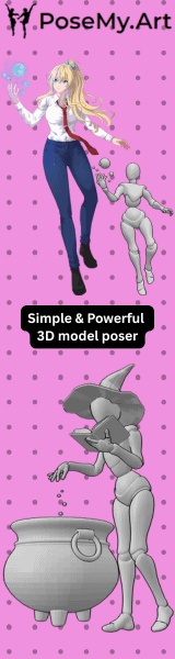 PoseMy.Art banner featuring an anime character and 3D mannequins with the text: Simple & Powerful 3D model poser.