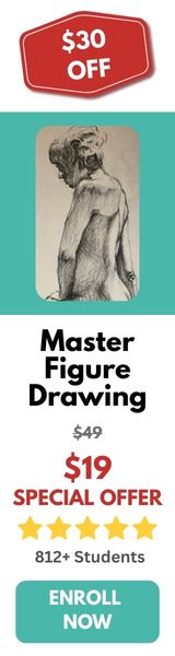 Ad banner featuring classical figure drawing sketch. Master Figure Drawing course on sale for $19, regularly $49. 5-star rating from 812+ students.
